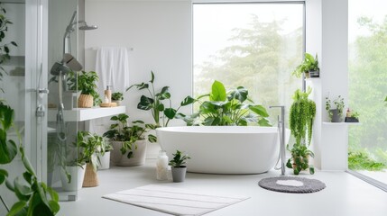 Bright and white bathroom with a variety of green plants of deep forest style, Generative AI