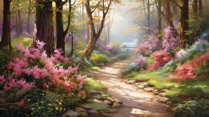  a painting of a path through a forest with flowers and trees.  generative ai