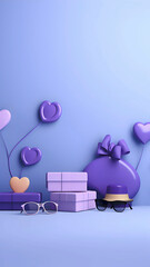 Father's Day poster or banner, decoration background purple with balloon gift box, poster or banner template with king necktie and glasses. Presents for Father's Day