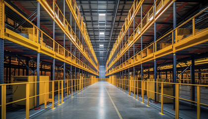 Fototapeta na wymiar Modern warehouse with racks, boxes and containers, AI generated