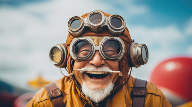 crazy old man with aviator gear and hat with multiple glasses in style of steampunk