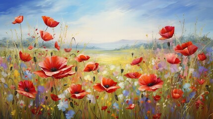 Fototapeta na wymiar a painting of a field full of red poppies and daisies. generative ai