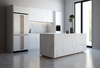 Modern minimalist kitchen marble island with wooden floor, white wall and cabinets