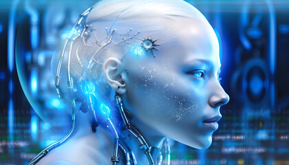 Cyborg lady on the star vessel, AI generated tech portrait