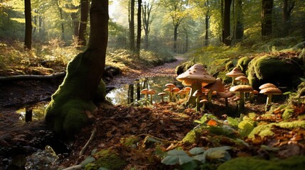 Obraz premium a group of mushrooms growing on the ground in a forest. generative ai