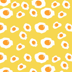 Fried Eggs Pattern. Vector Seamless Fried Eggs Pattern or Wallpaper.
Morning breakfast seamless pattern with fried eggs. 
Cartoon illustration on blue background. Vector background for textile.
