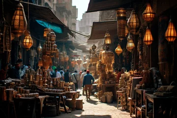 Fototapete Marokko old arabic bazaar shopping in outdoor market. Crowded