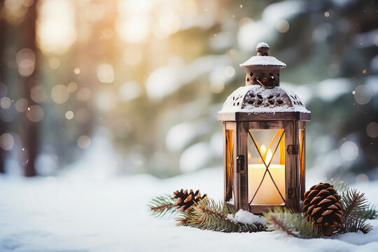 Lit Christmas lantern under the Christmas tree in the snow, covered with snow at night outdoors. Christmas mood. Selective focus. Space for copy.