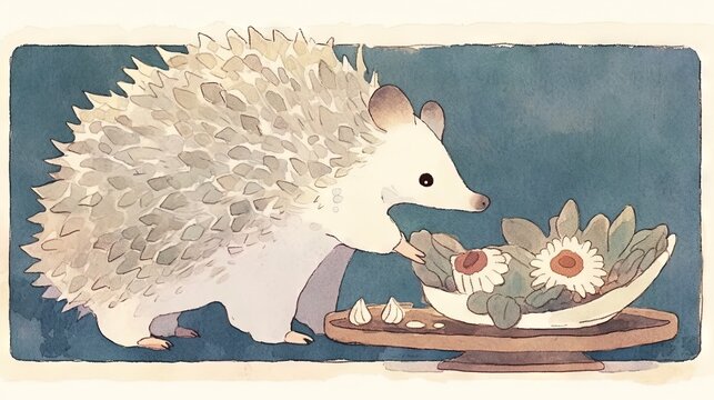 watercolor hedgehog with flowers, whimsical scene clip art preview