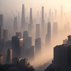 A bustling cityscape, with a thick layer of smog and dust particles hanging in the air, obscuring