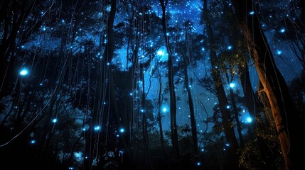  a forest filled with lots of stars and lights in the night sky.  generative ai