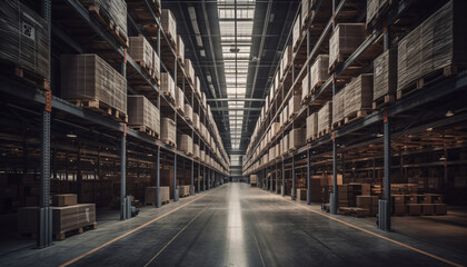 Modern warehouse with racks, boxes and containers, AI generated