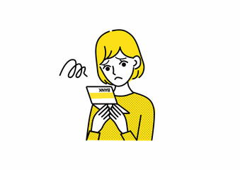 通帳を見て悩む女性