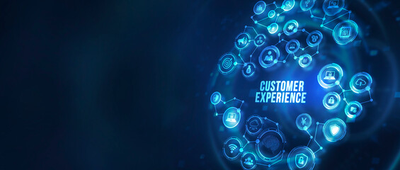Internet, business, Technology and network concept. CUSTOMER EXPERIENCE inscription, social networking concept. 3d illustration