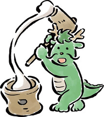お正月に餅つきをする辰　筆タッチ手描きイラスト