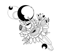 Obraz premium Mystic cosmic flowers and crescent moon print, magic floral clip art of plants and moons, black and white celestial or space composition, vector illustration for cards, t-shirt