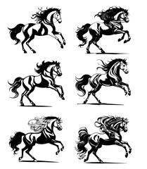 Set of free galloping horses, line-art black vector design 