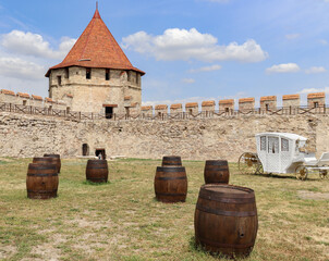 Obraz premium Courtyard of a medieval castle with barrels and a beautiful horse carriage