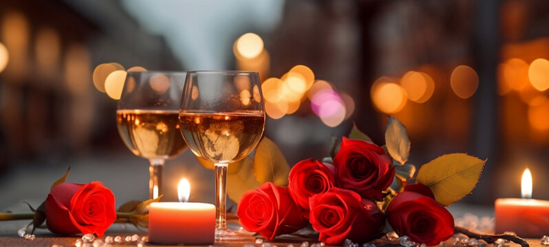 Holiday morning candles and roses glasses of wine. Romantic. Generative AI.