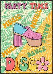 Groovy retro poster. Hippie style background. Groovy disco. 60s and 70s style. Psychedelic funky abstract. Groovy poster template. Nostalgia for the 70s.