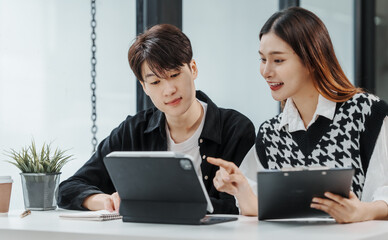 Friends of Asian MBA student researching data of thesis project, education online college courses, accredited degree programs, english chinese languages classroom, affordable regionally accredited