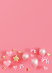 Pink background with balloons, hearts, stars and copy space. It's a girl vertical backdrop with empty space for text. Baby shower or birthday invitation, party. Baby girl birth announcement. 3D.