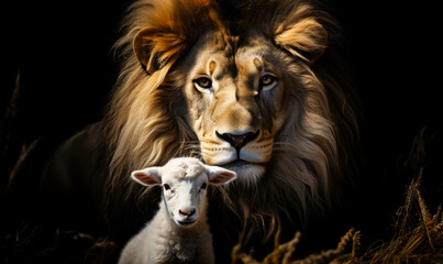Powerful and Gentle: The Lion and the Lamb Together on Black Background