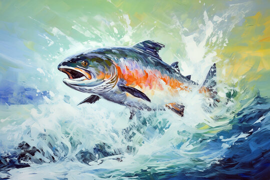 Beautiful painting of coho salmon jumping over water and splashing. Wildlife Animals. Illustration, Generative AI.