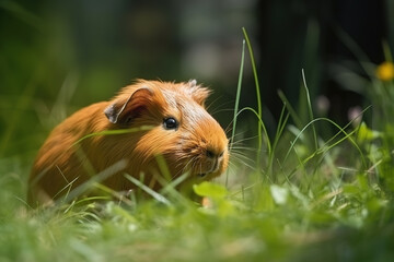 Image of guinea pig resting on green pasture grass on summer. Pet. Animals. Illustration. Generative AI.