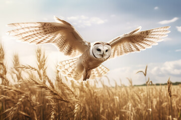 Image of an barn owl is spreading its wings and flying in the meadow. Bird. Wildlife Animals. Illustration, Generative AI.