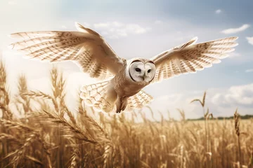 Poster de jardin Dessins animés de hibou Image of an barn owl is spreading its wings and flying in the meadow. Bird. Wildlife Animals. Illustration, Generative AI.