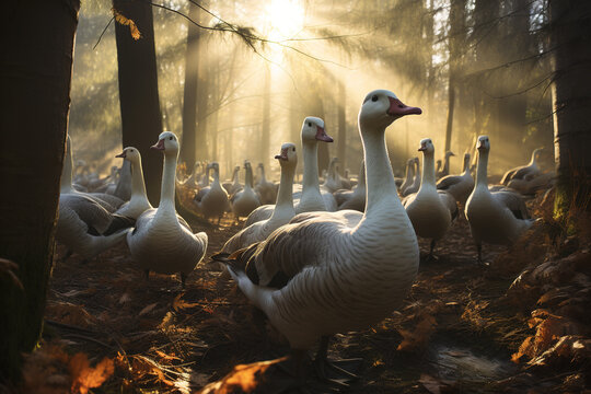 Image of group of geese in the forest. Farm animals. Illustration, Generative AI.