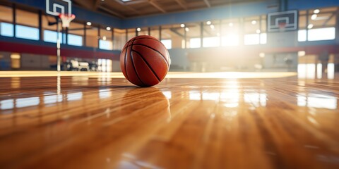 AI Generated. AI Generative. Basketball game sport arena stadium court on spotlight with basket ball on floor. Graphic Art