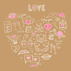 Cute set of vector elements with hearts, love letters, envelopes with heart icons in the shape of a heart. Hand drawn in doodle style. Good for greeting cards, posters, valentines day cards, packaging