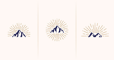 Minimalist mountain logo. Mountains symbol with line and sunshine concept