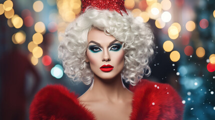 drag queen in santa claus hat on the christmas background	