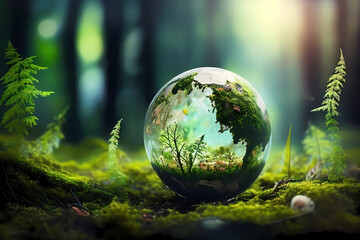 Globe on moss in forest. Natural colors. Generative ai design.