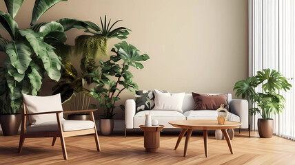 Modern livingroom interior with monstera plants. Generative ai design.
