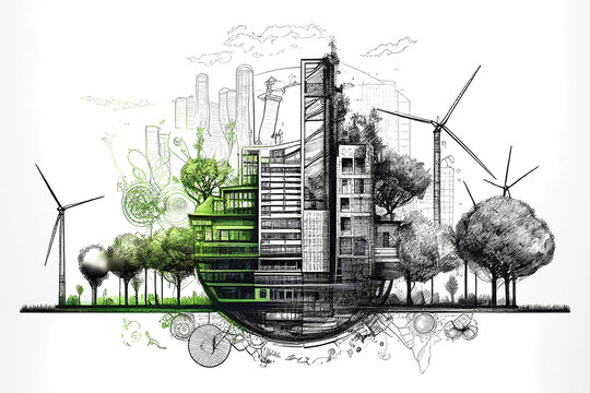 Hand drawn city sustainable engine. Generative ai design concept.