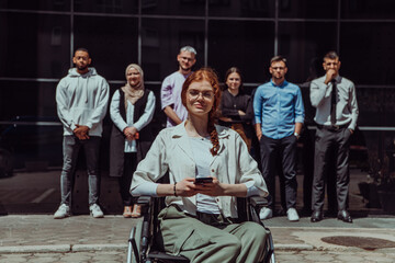 A diverse and confident group of young businessmen poses together, with businesswoman in wheelchair radiating success, ambition, and unity, capturing the essence of a dynamic and inspiring business