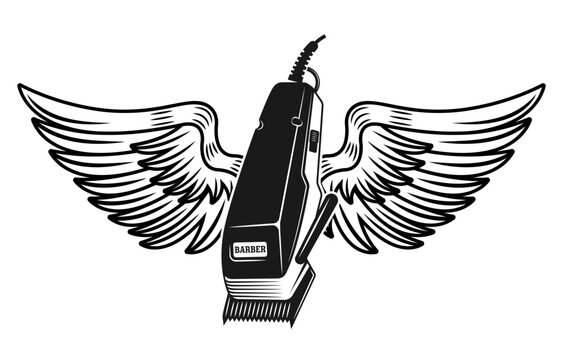 Electrical hair clipper with wings vector illustration in monochrome vintage tattoo style