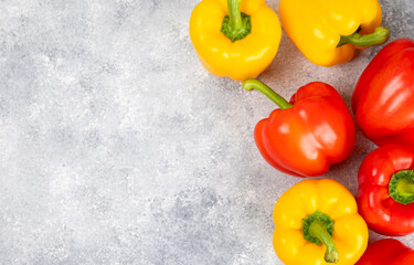 PAPRIKA.Fresh yellow and red bell pepper isolated on white background. Bulgarian salad pepper .Fresh vegetables. Harvest. Vegan. closeup. Place for text. copy space.