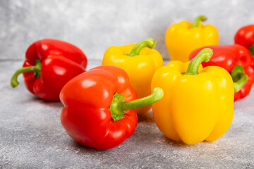 PAPRIKA.Fresh yellow and red bell pepper isolated on white background. Bulgarian salad pepper .Fresh vegetables. Harvest. Vegan. closeup. Place for text. copy space.