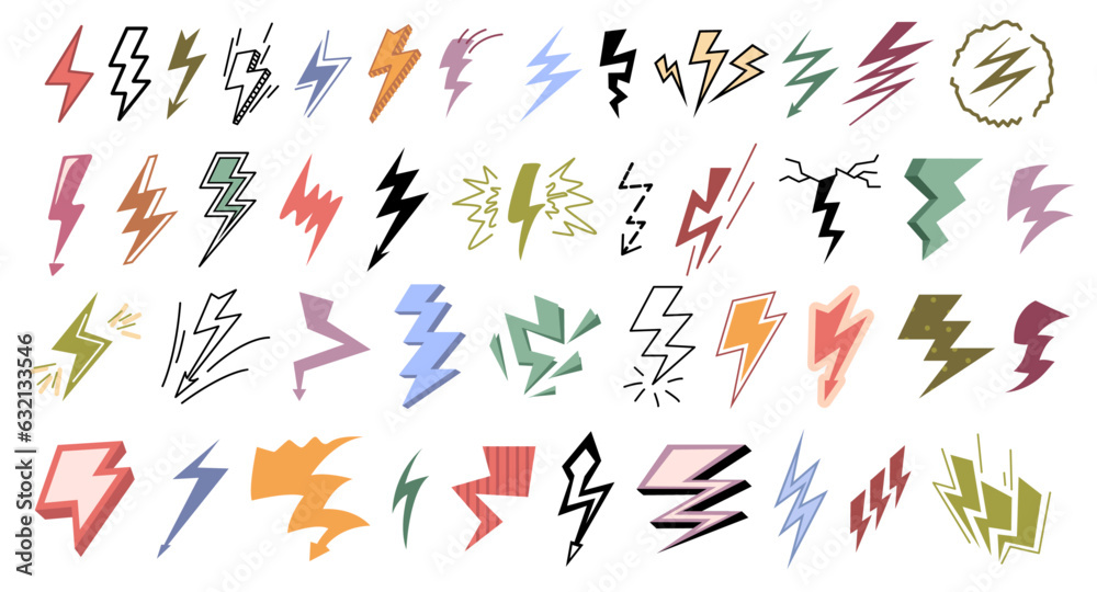 Poster lightning bolt icons isolated on white background. flash symbol, thunderbolt. flat lightning strike 