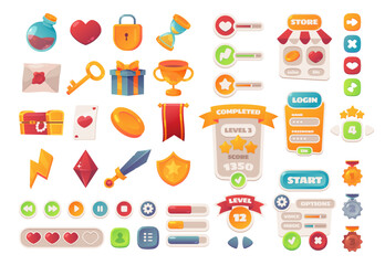 Game interface design elements and UI, flat cartoon vector illustration set. Isolated icons and menu templates, icons and level or progress bars. Ribbon and heart, lock and chest, letter and sword
