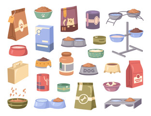 Cat and dog food. Cartoon pet feed containers or packs. Vector illustration of snack packaging and bowls set. Feeding plates, veterinary healthy products, domestic animals nutrition food