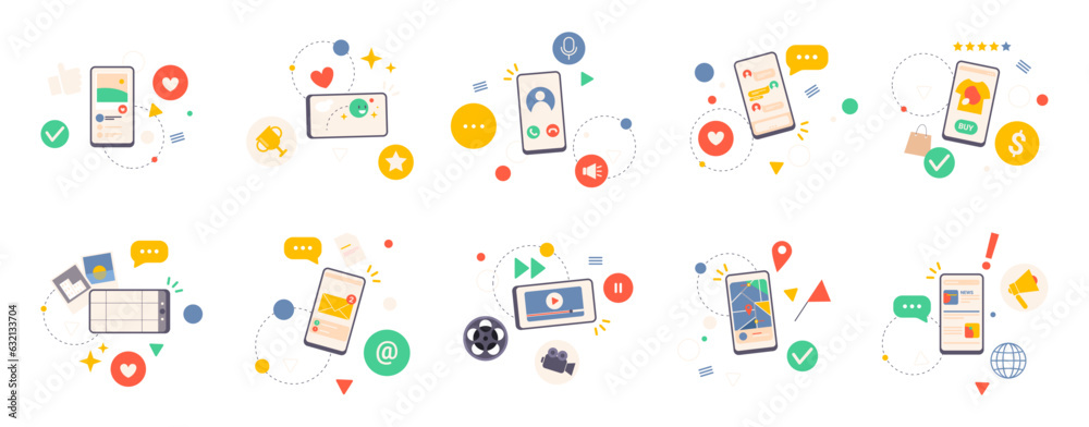 Poster smartphones with application presentation, flat cartoon vector illustration set. isolated mobile pho