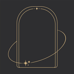 Golden celestial frame, border, arch line art esoteric minimal decoration with sparkles isolated on dark background.