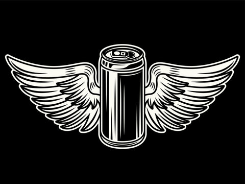 Beer can with wings vector illustration in tattoo vintage style on dark background