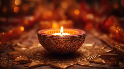 illuminated clay diya with intricate patterns to celebrate Diwali - obrazy, fototapety, plakaty